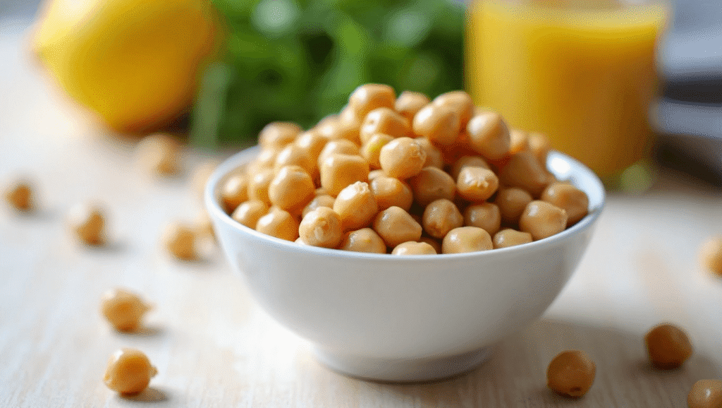 Bowl of freshly rinsed chickpeas for Mediterranean quinoa salad.