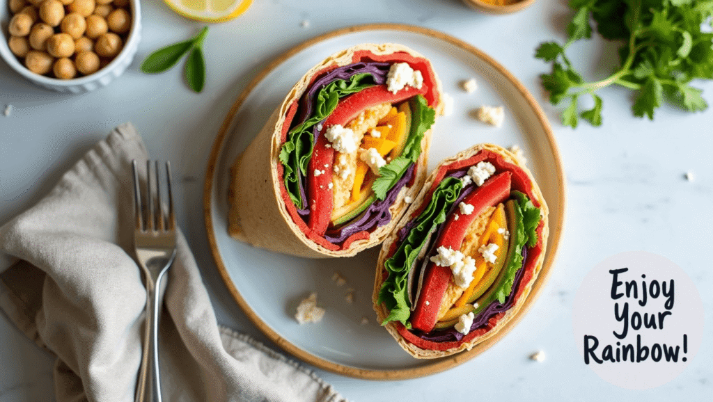 Final presentation of sliced in half on a clean plate, with colorful vegetables, hummus, and feta visible inside.