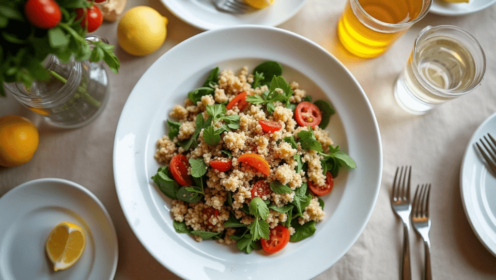 Mediterranean quinoa salad on a dinner table ready to serve.