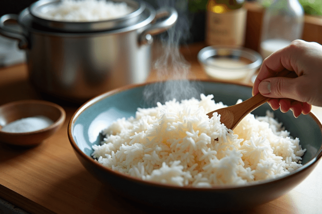 Fluffy sushi rice being mixed with vinegar seasoning