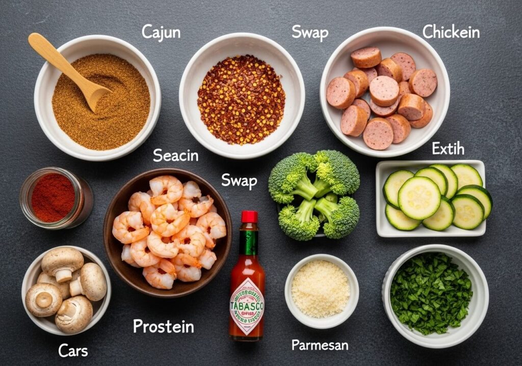 Ingredients and variations for making creamy Cajun pasta, including shrimp, vegetables, and pasta types.