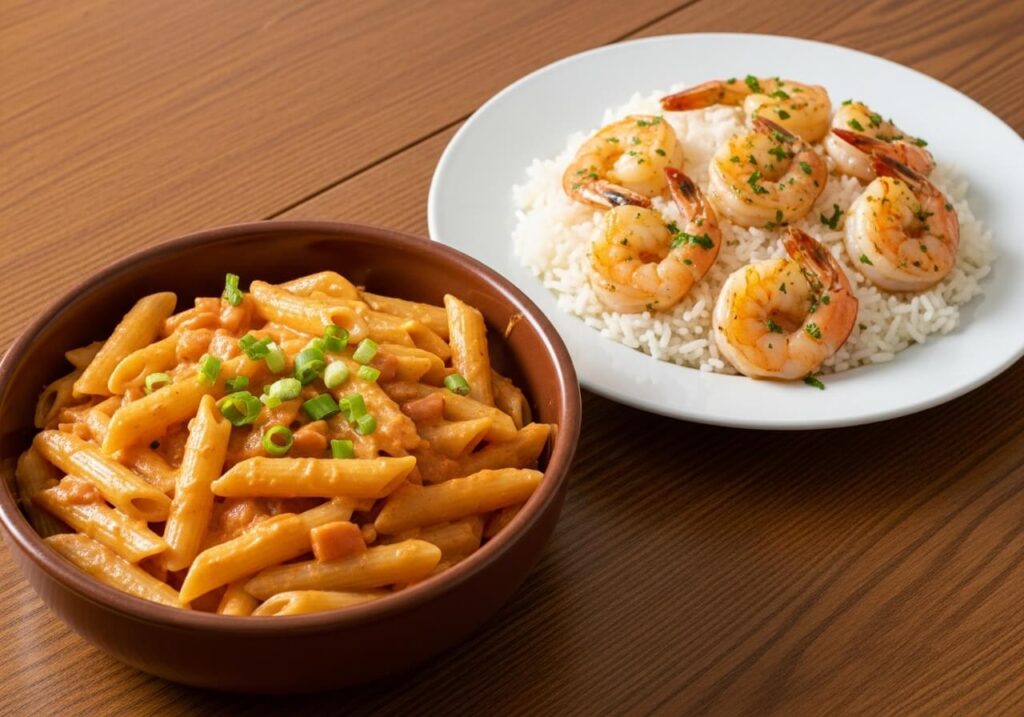 Creamy Cajun pasta with chicken and peppers served alongside garlic butter shrimp and rice.