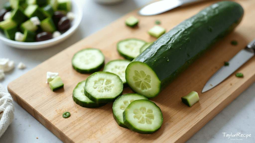 Freshly sliced cucumber on a cutting board for Mediterranean quinoa salad.