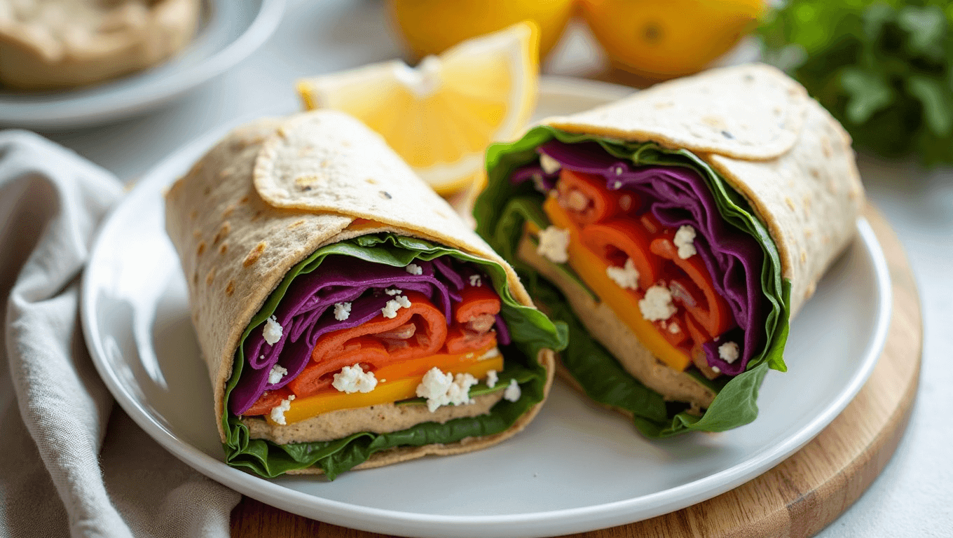 Overhead shot of rainbow veggie wraps on a white plate, filled with colorful vegetables,