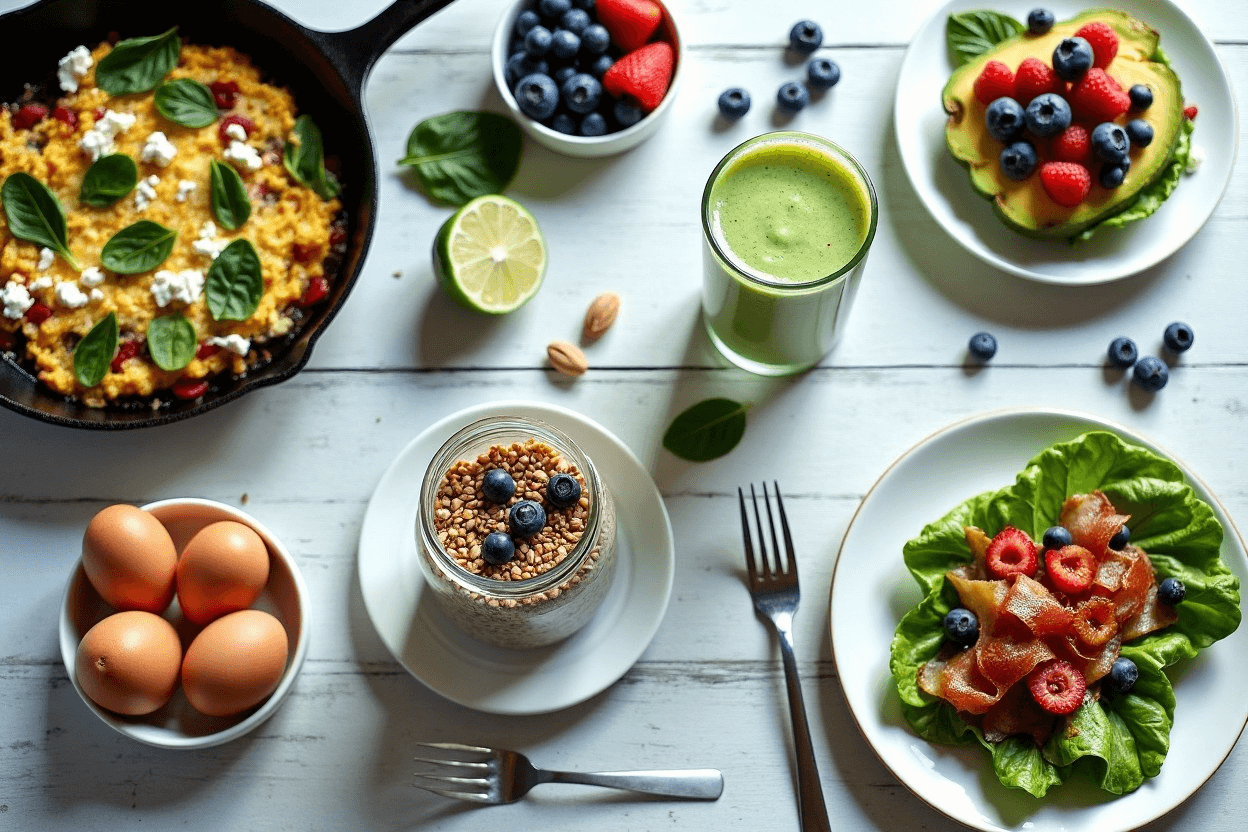 A spread of five easy keto breakfast ideas including scrambled eggs, smoothie, chia pudding, yogurt parfait, and a lettuce wrap.