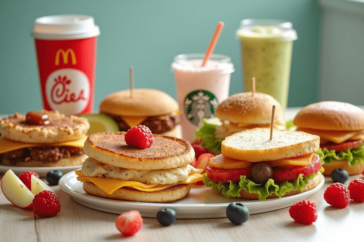 Flat lay of multiple low calorie fast food breakfast items with coffee cups from major chains.