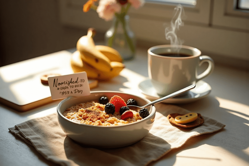 Bowl of warm cottage cheese oats with banana slices, chia seeds, almond butter, and a soft golden top.