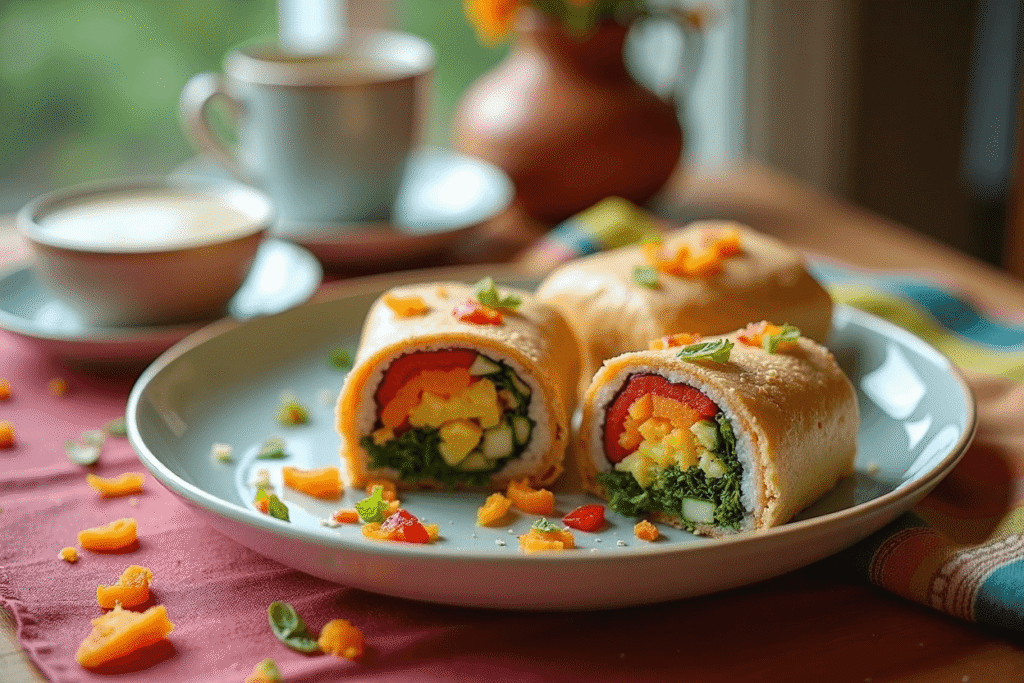 Sliced veggie sushi burrito on a plate with tahini sauce and a warm thank-you note in the background.
