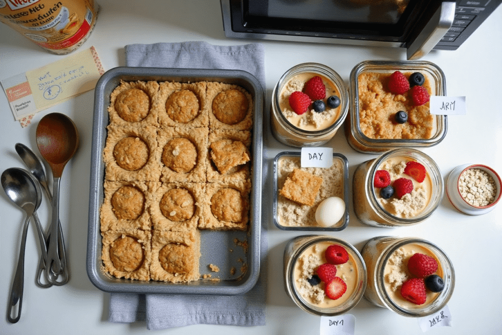 Four jars of baked cottage cheese oats with assorted toppings like berries, banana, and nut butter.