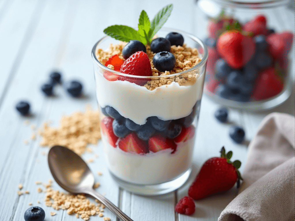 Yogurt parfait layered with berries, granola, and a drizzle of honey