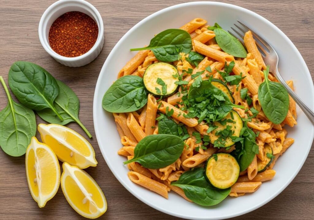 Whole wheat pasta with spinach, zucchini, and reduced-fat cream cheese for a lighter pasta dish.