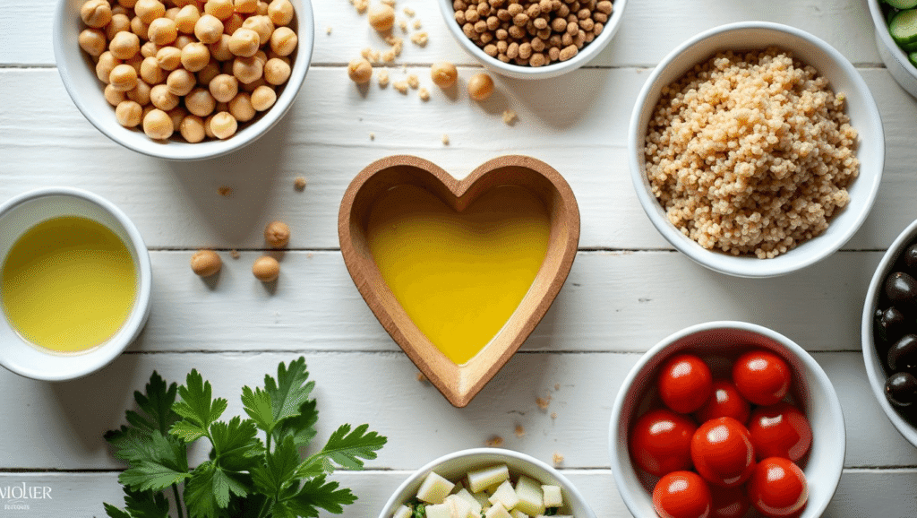 Heart-shaped dish of olive oil surrounded by salad ingredients.