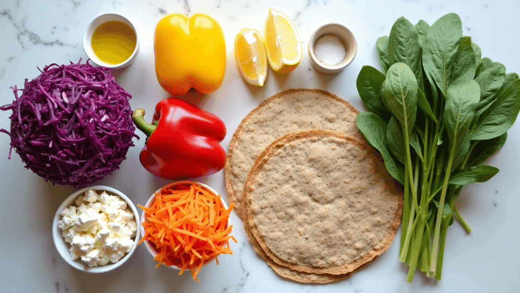 Fresh ingredients for including sliced bell peppers, carrots, spinach, red cabbage, hummus, and feta cheese arranged on a prep surface.