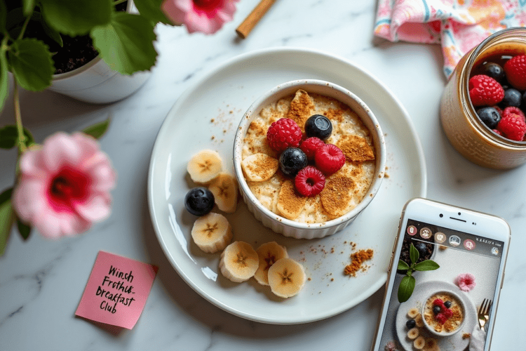 Trendy breakfast scene with baked oats in a white ramekin, topped with colorful fruits and a spoon on the side.