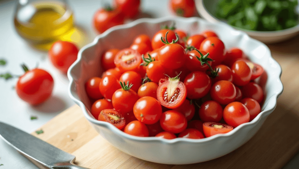 Halved cherry and grape tomatoes in a white bowl for Mediterranean quinoa salad.