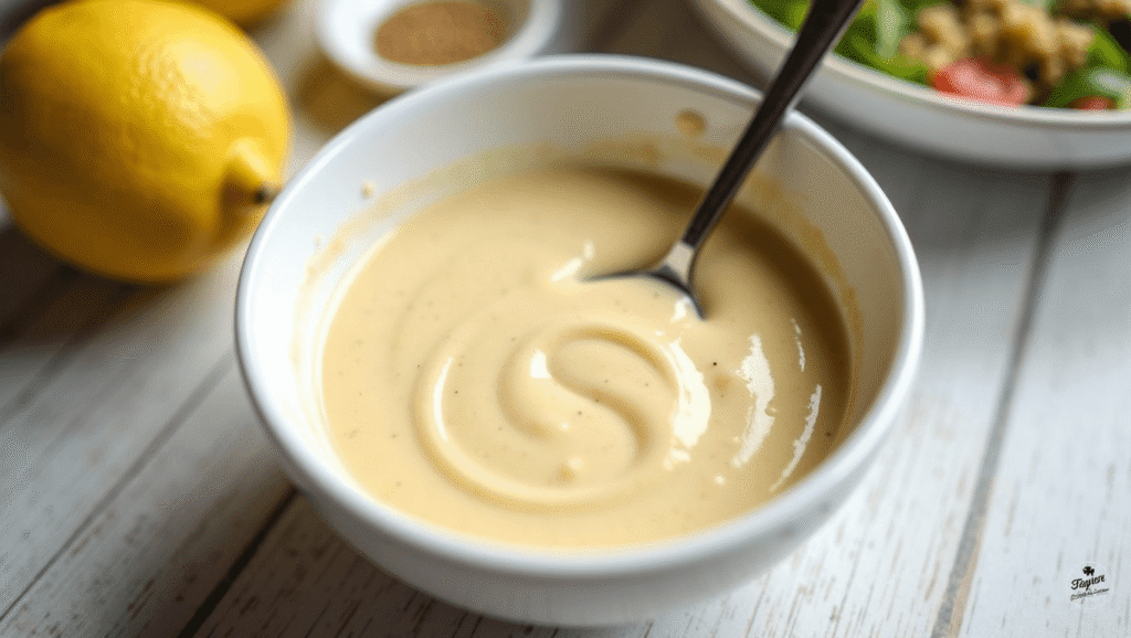 Creamy lemon tahini dressing in a white bowl with lemon and sesame seeds.