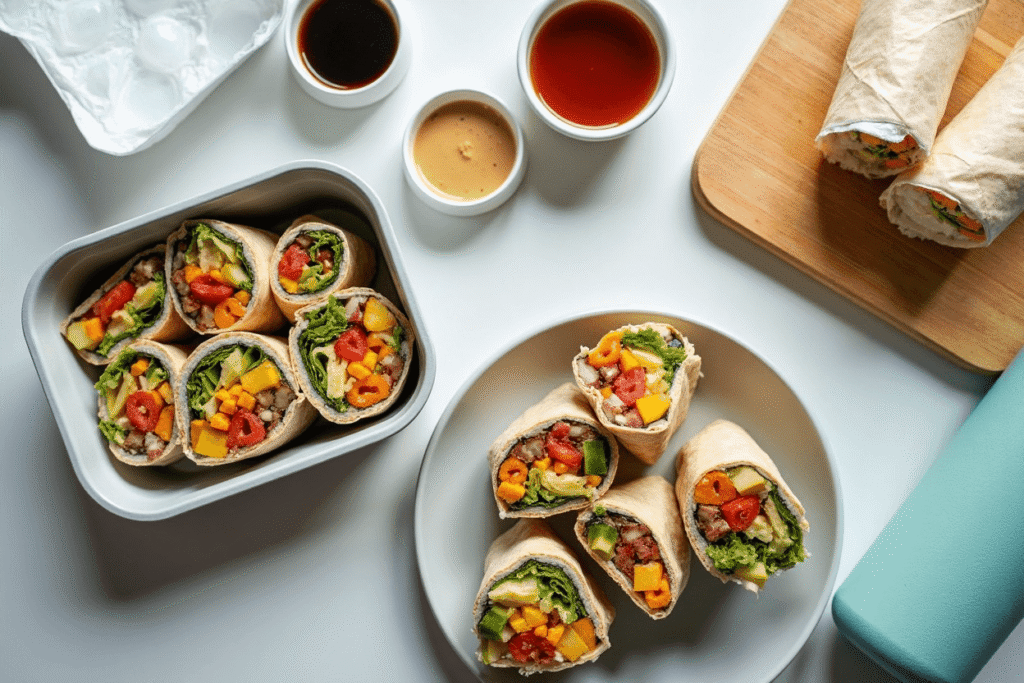 Lunchbox filled with neatly wrapped veggie sushi burritos, dipping sauce cups, and fresh colorful vegetables.