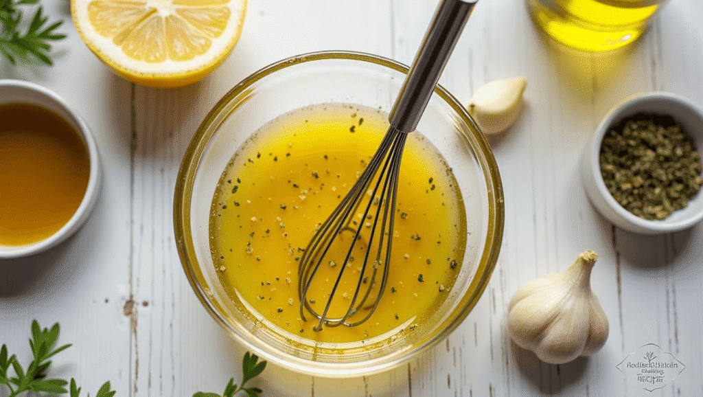 Lemon-olive oil dressing being whisked in a glass bowl.