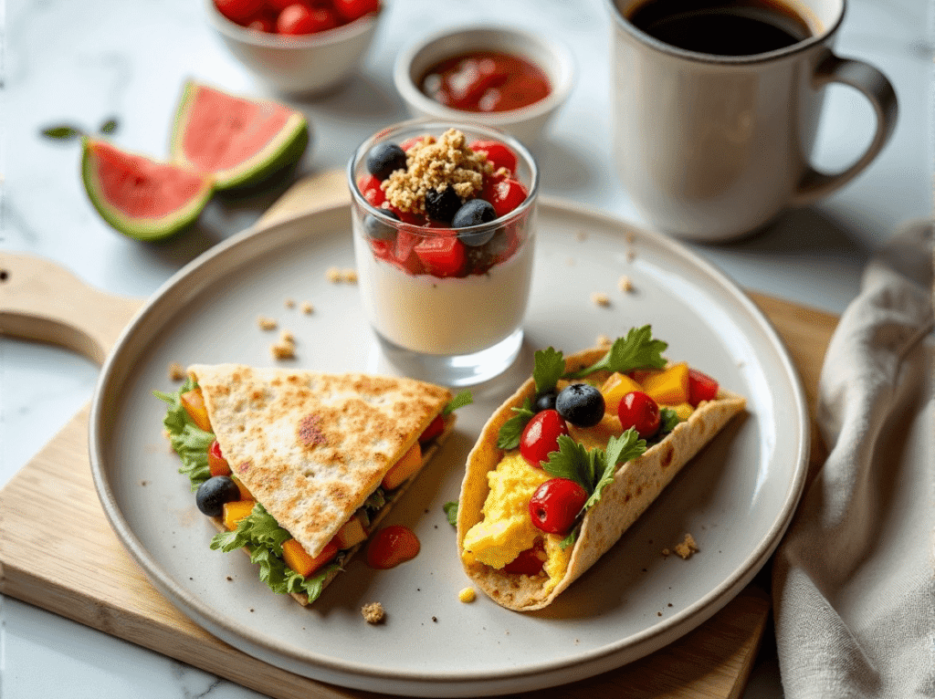 A trio of breakfast ideas on one plate: taco, parfait, and quesadilla