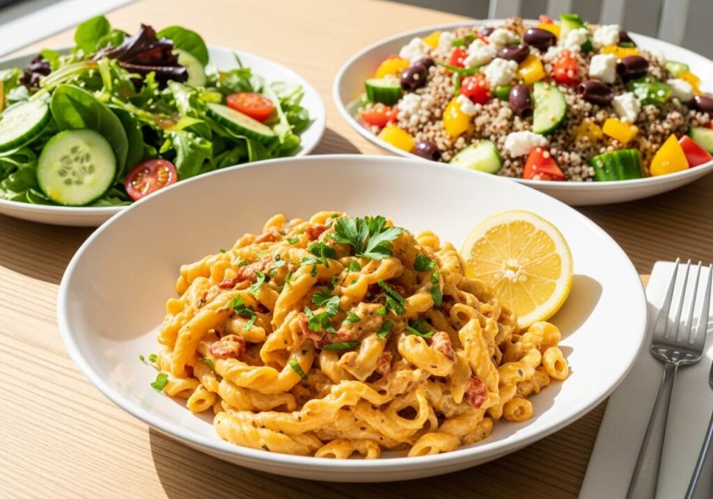 Pasta served with a fresh green salad, Mediterranean quinoa salad, and lemon wedges for a summer meal.