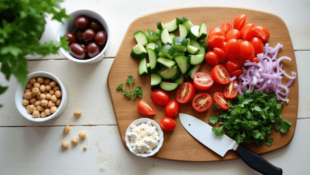 Chopped tomatoes, cucumber, onion, herbs, chickpeas, olives, and feta on a cutting board.
