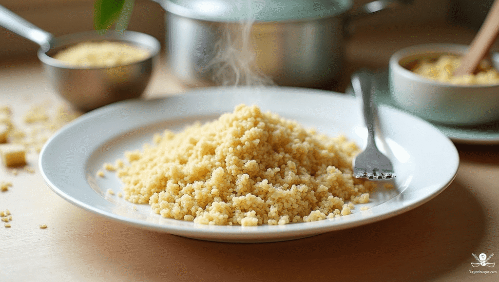 Cooked quinoa cooling on a plate with a fork.