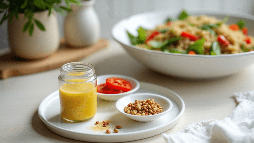 Mediterranean quinoa salad with roasted red peppers, pine nuts, and spices.