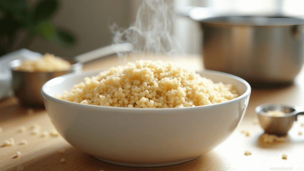 Fluffy cooked quinoa in a white bowl with steam rising.