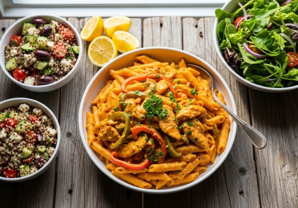 Pasta served with both summer salads and hearty winter sides on a rustic table.