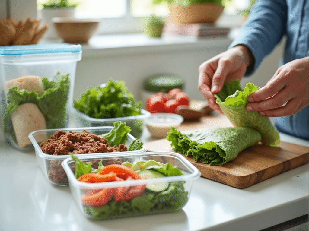 Wrap components stored in separate meal prep containers.
