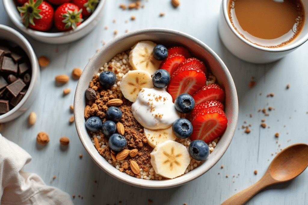 Overhead view of various oat toppings including banana slices, berries, chocolate chips, nut butter, and chia seeds.