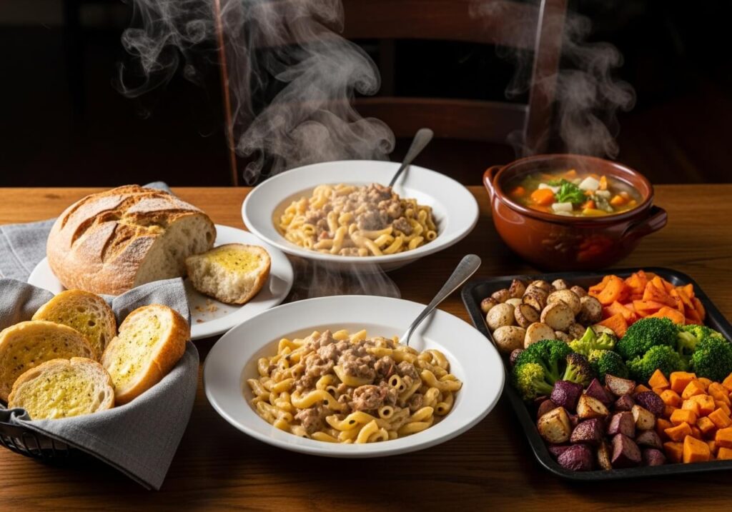 Pasta served with garlic bread, crusty bread, roasted vegetables, and a bowl of soup for a cozy winter meal.