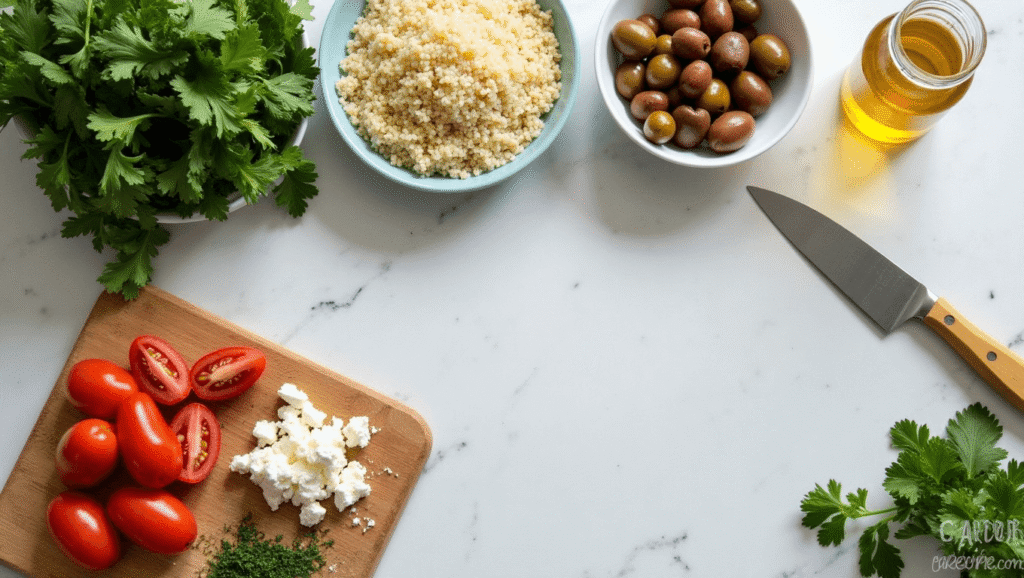 Ingredients arranged on a counter for making Mediterranean quinoa salad.