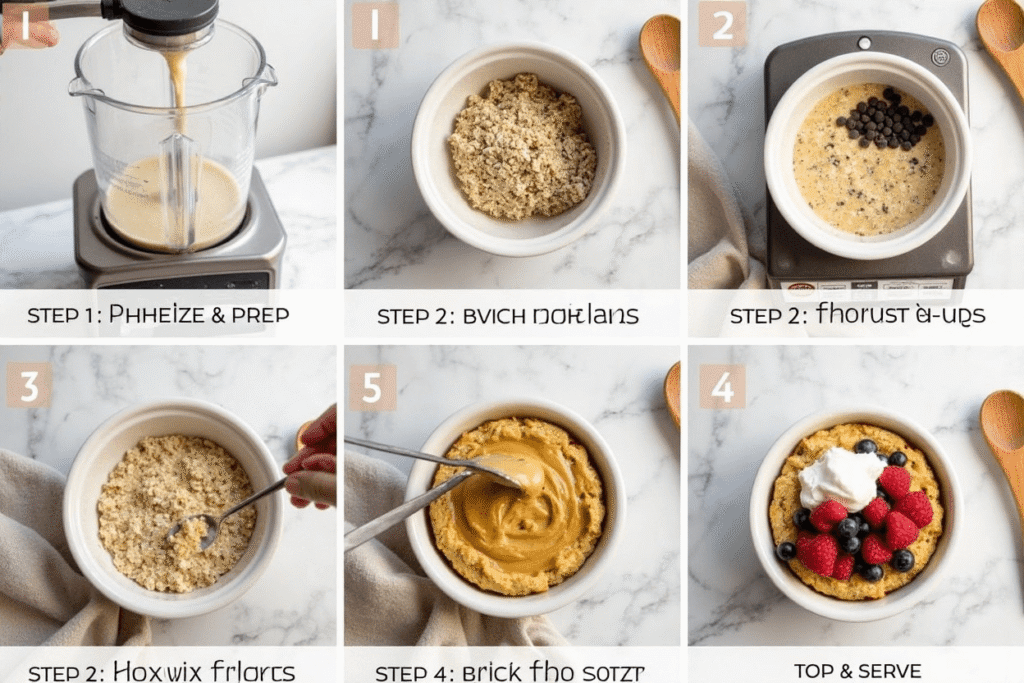 Baking process of oats shown step-by-step: mixing ingredients, pouring batter into a ramekin, and baking.