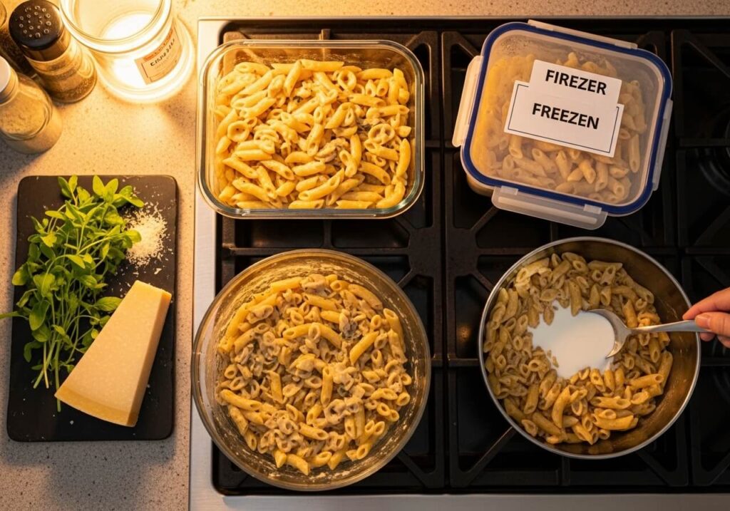 Pasta stored in a glass container, with another portion reheating in a pot on the stove.