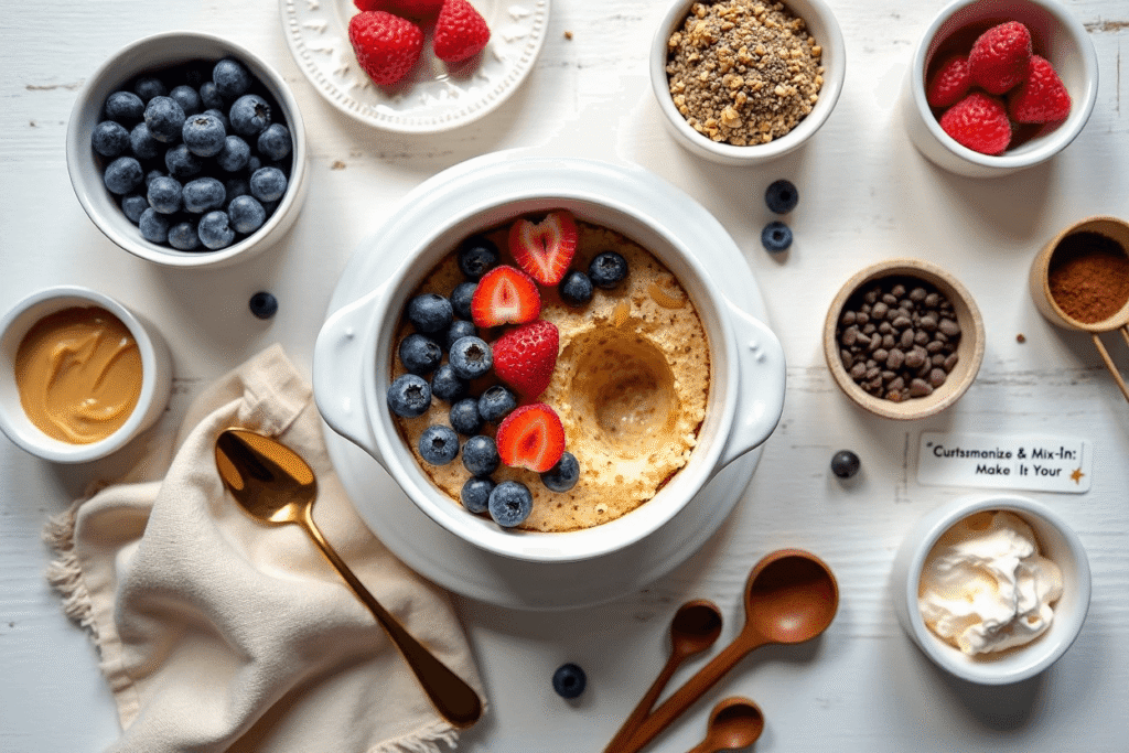 Assorted bowls filled with toppings like blueberries, sliced banana, chocolate chips, seeds, and nut butter arranged on a table.