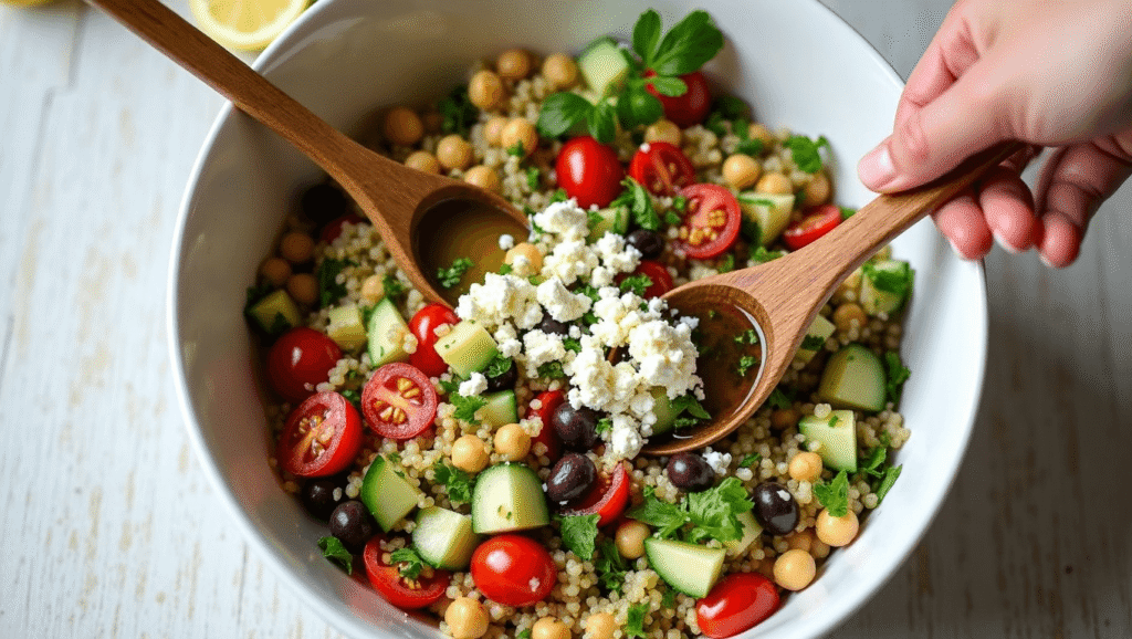Large bowl of quinoa salad ingredients being tossed with dressing.