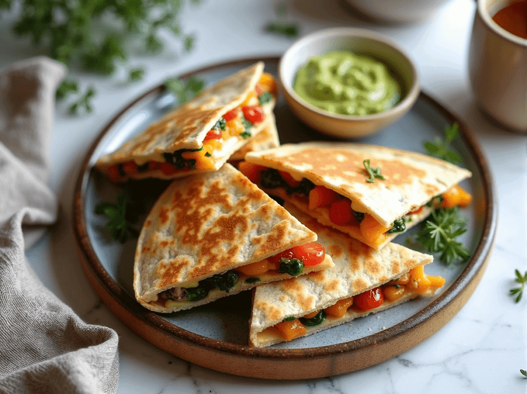 Sliced quesadillas filled with melted cheese and vegetables