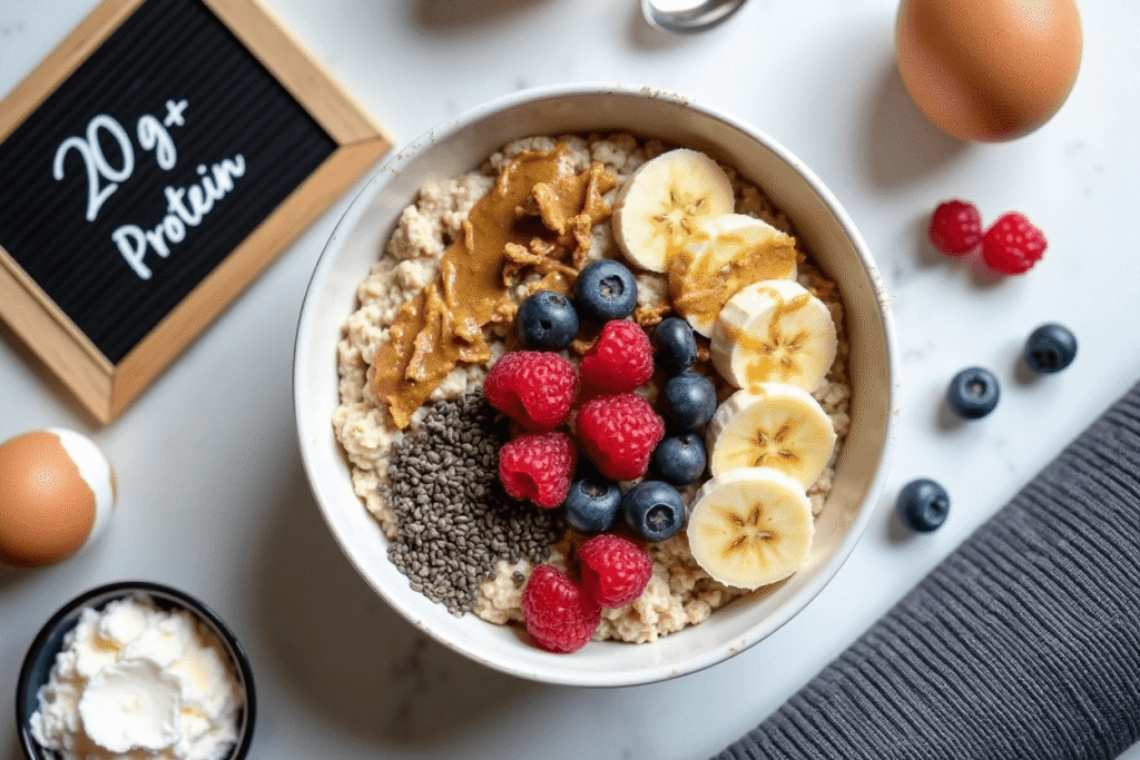 Flat lay of a breakfast table setup with a ramekin of baked oats, banana slices, a spoon, and warm lighting.
