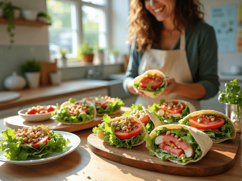Variety of colorful wraps displayed on a wooden board.