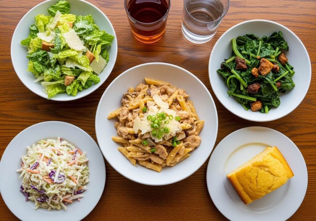 Pasta served with coleslaw, steamed greens, cornbread, and Caesar salad for any season.