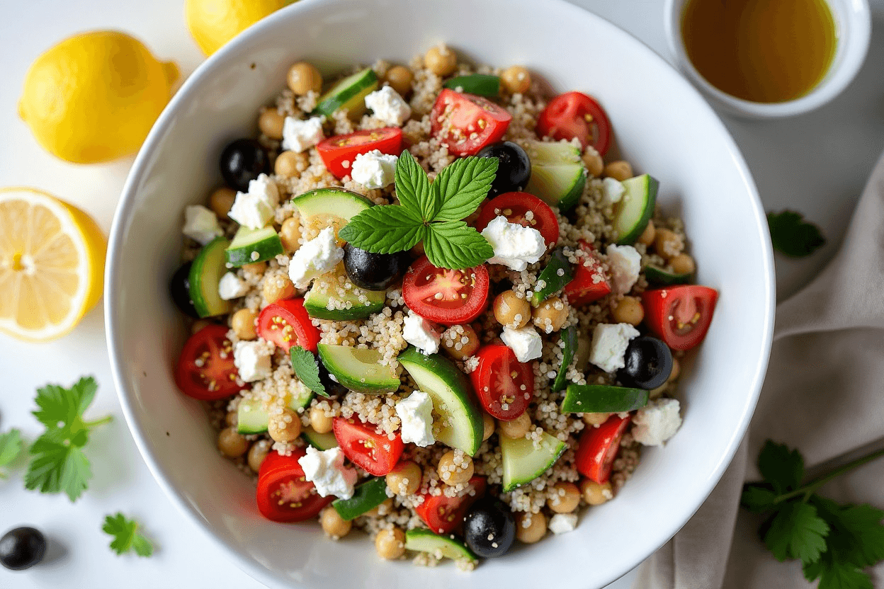 Overhead shot of easy Mediterranean quinoa salad in a white bowl with quinoa, tomatoes, cucumber, chickpeas, olives, feta, and herbs.