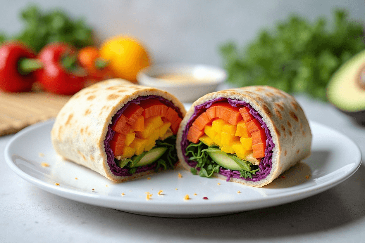 Rainbow veggie sushi burrito sliced open, showing colorful layers of vegetables on a white plate.