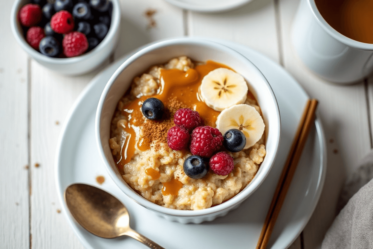 Overhead shot of cottage cheese oats in a ramekin, topped with berries, banana, almond butter, and cinnamon.