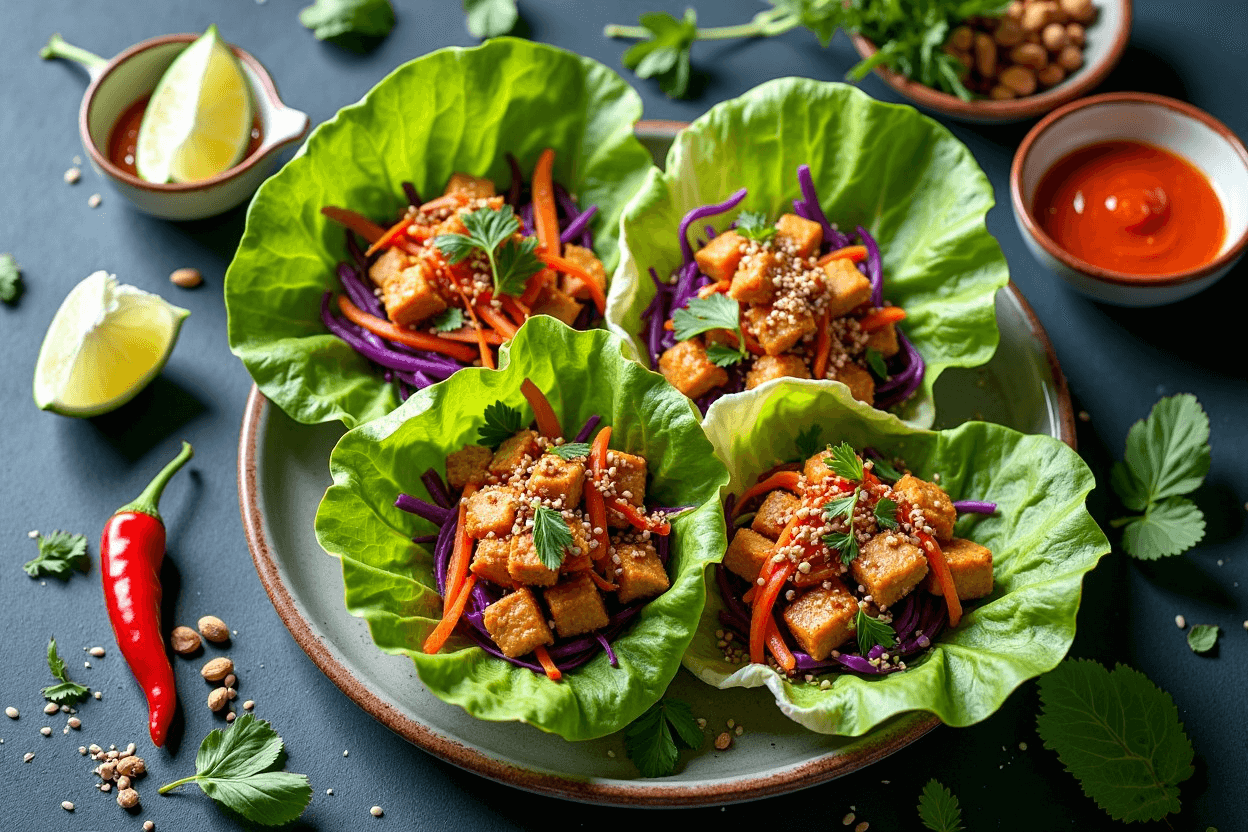 Overhead view of Asian lettuce wraps with colorful vegetables, herbs, and hoisin glaze.