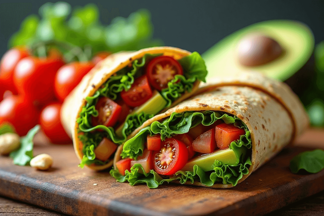 Assorted colorful grain-free wraps filled with fresh vegetables, proteins, and healthy toppings on a rustic board.