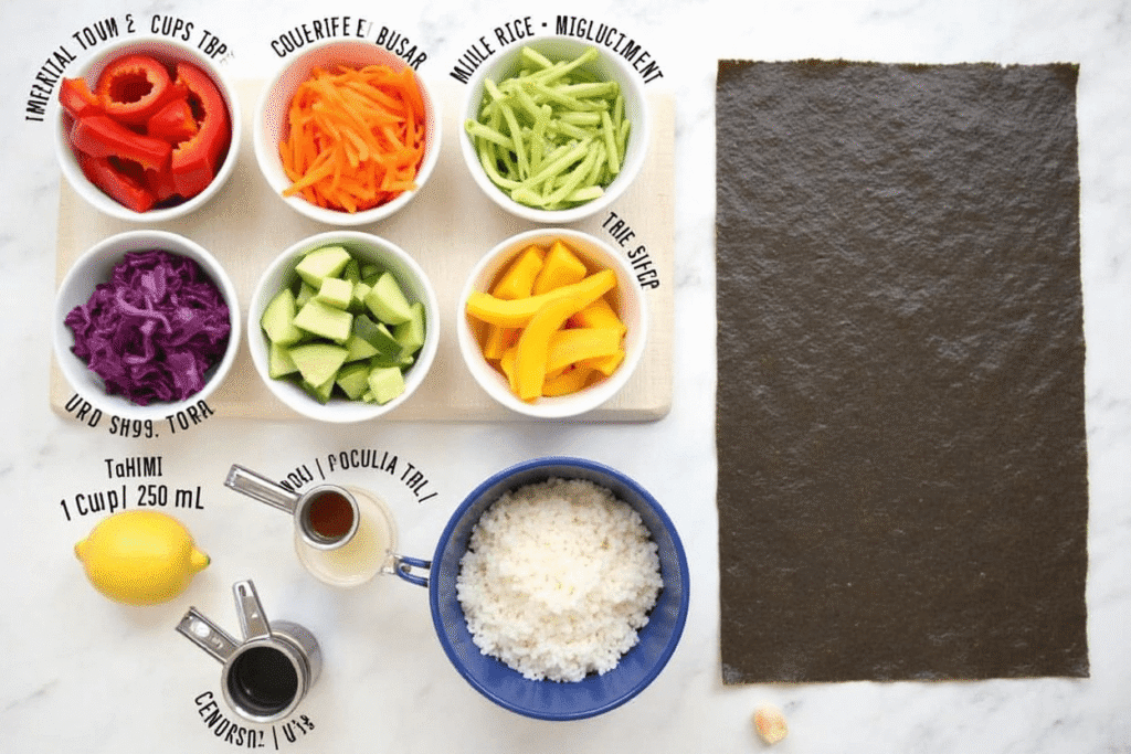 Fresh vegetables, sushi rice, and nori sheets arranged neatly on a cutting board with measuring cups and spoons.