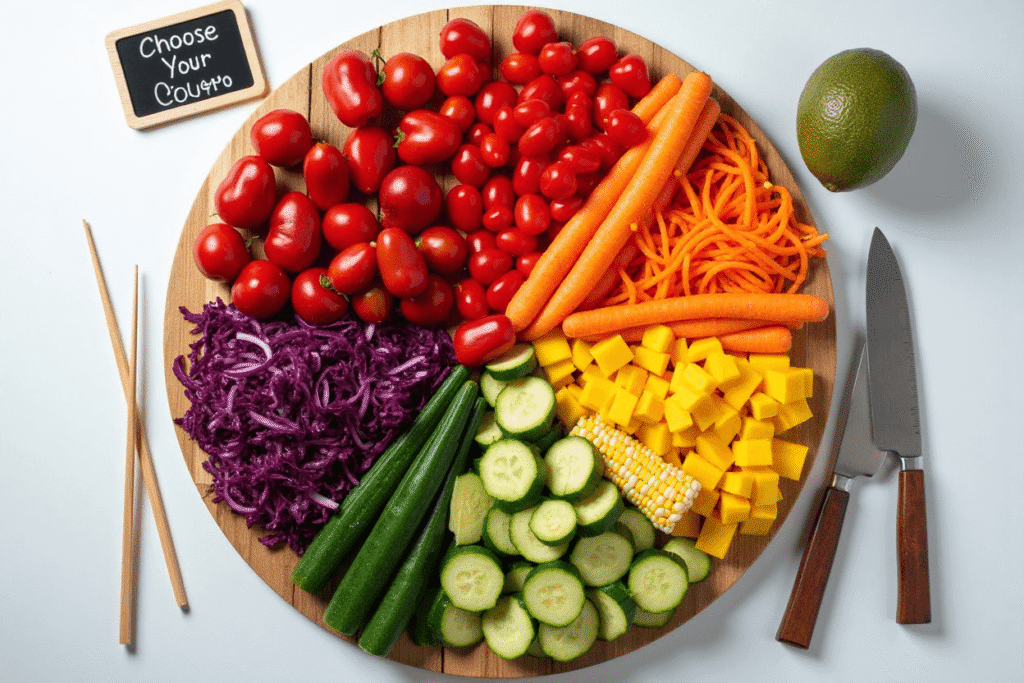 An overhead view of assorted fresh vegetables, rice, and sauce bowls laid out like a rainbow palette on a wooden board.