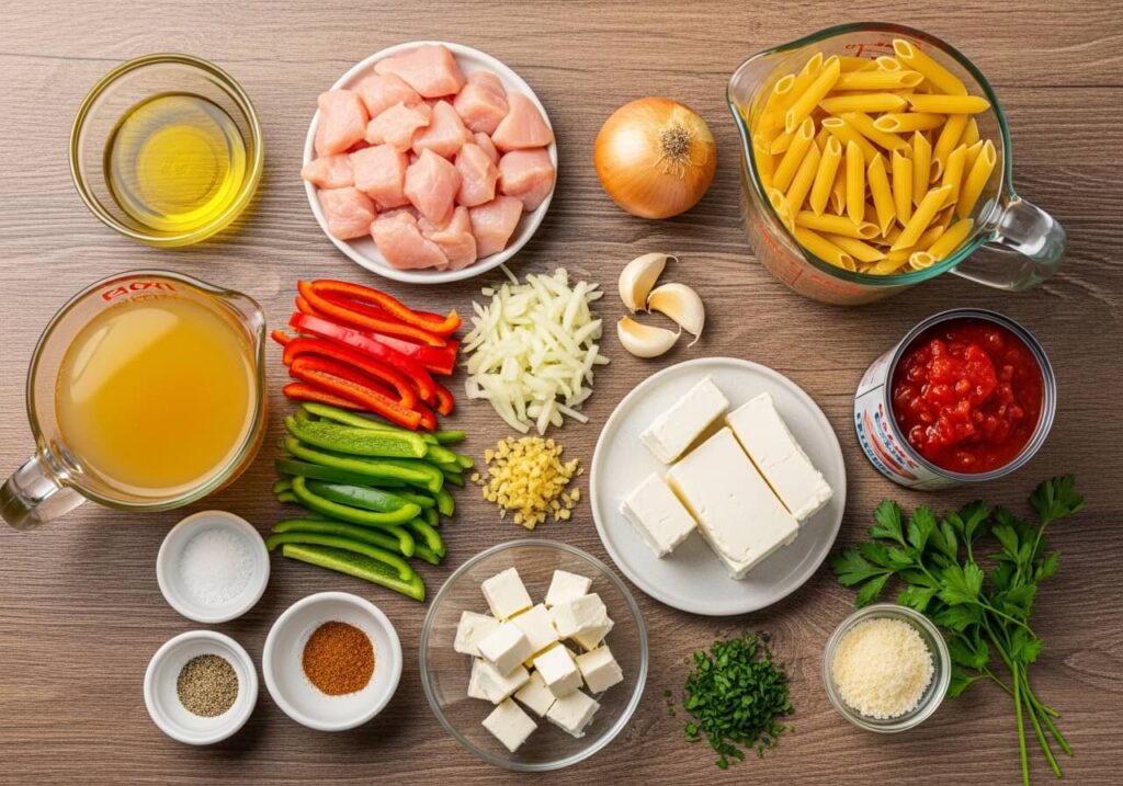 Fresh ingredients for creamy Cajun pasta arranged on a rustic table, including chicken, bell peppers, pasta, broth, and Cajun spices.