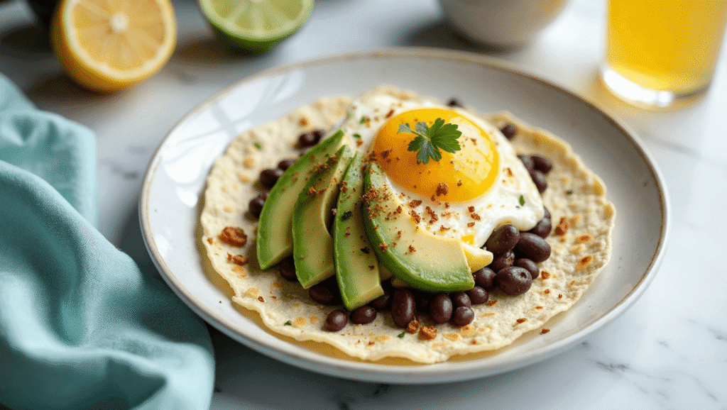 Breakfast tacos with scrambled eggs, black beans, and avocado on a ceramic plate